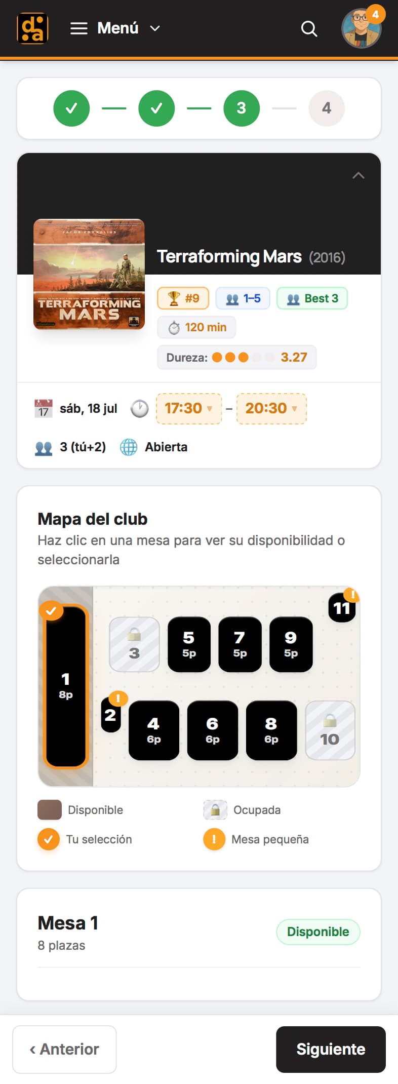 Pantalla para crear una partida y reservar mesa en la app del Club Da2