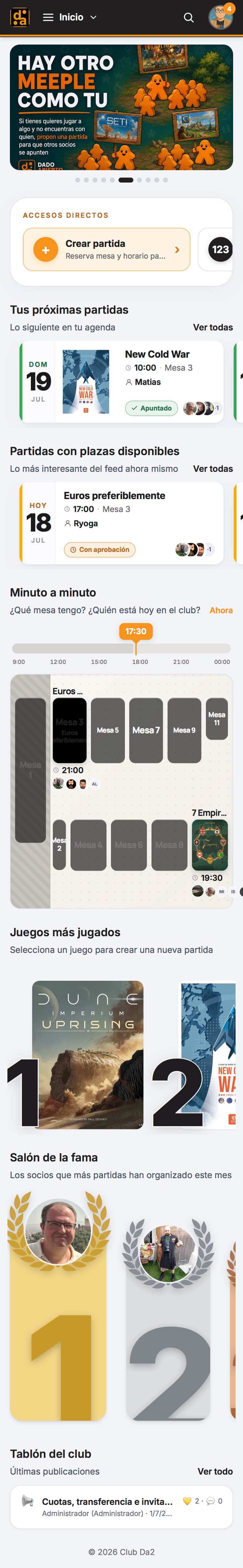 Portada de la app del Club Da2 con próximas partidas, minuto a minuto y juegos más jugados